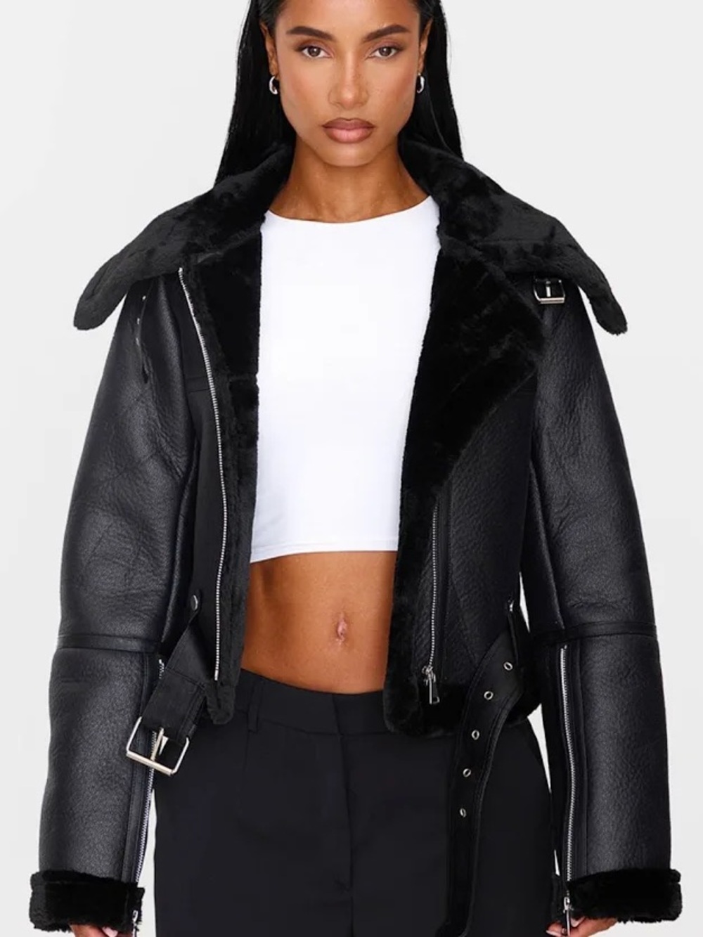 Pretty Little Thing Cropped Shearling-Lined Moto Jacket